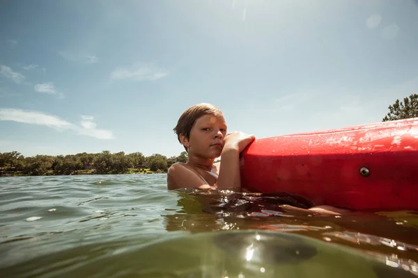 Boy Water Holding Kayak — Stock Photo, Image