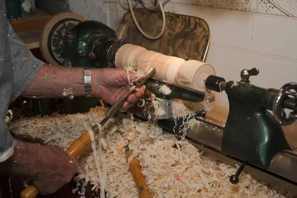 Senior Man Shaping Piece Wood Carpentry Tools Focus Hands — Stock Photo, Image