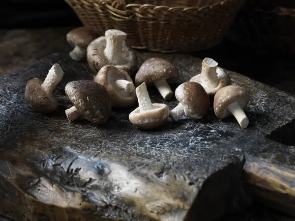 Funghi Shitake Appena Raccolti Superficie Legno Rustico — Foto Stock