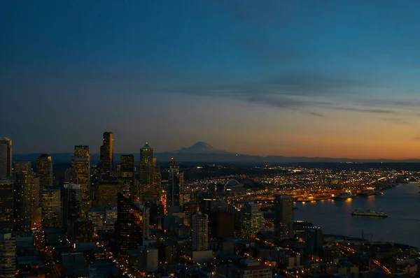 Veduta Aerea Dello Skyline Seattle Notte — Foto Stock