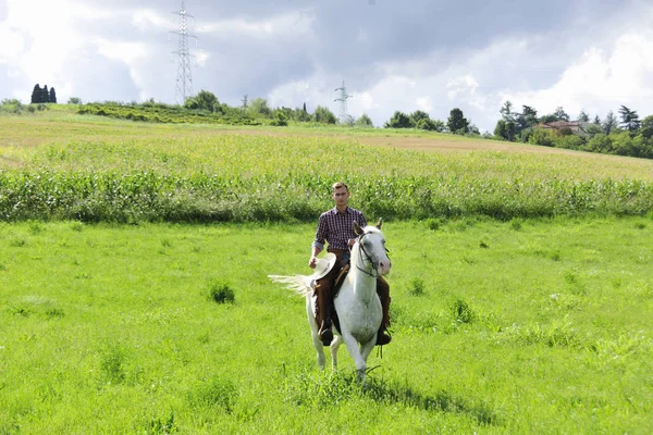 Jonge Man Met Cowboyhoed Galopperen Paard Veld — Stockfoto