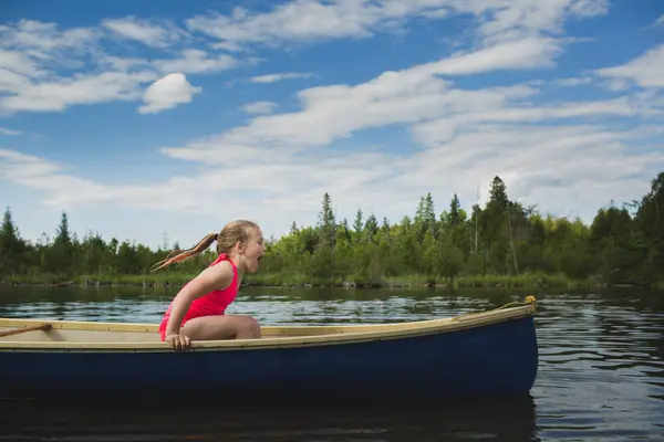 Excited Girl Sitting Canoe Indian River Ontario Canada — Stock Photo, Image