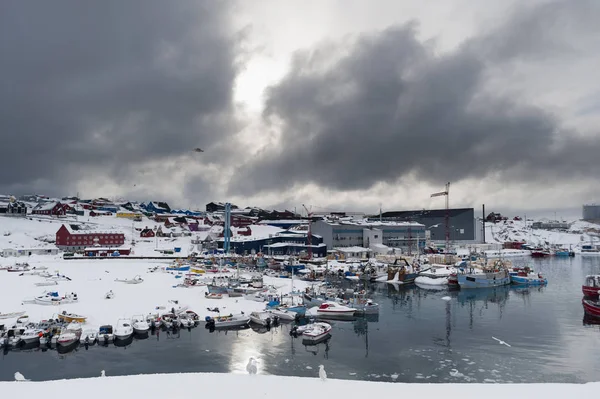 Fırtına Bulutları Harbor Ilulissat Grönland Üzerinden Yükseltilmiş Görünümünü — Stok fotoğraf