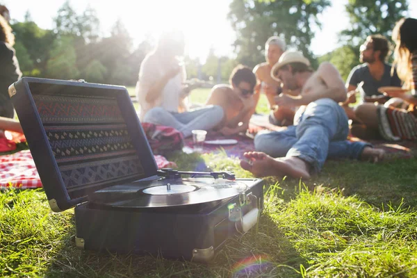 Dorośli Przyjaciele Relaksujący Się Słuchający Płyty Sunset Park Party — Zdjęcie stockowe