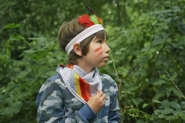 Boy Dressed Face Paint Playing Forest — Stock Photo, Image