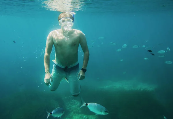 Underwater View Mature Man Sea Snorkeling Menorca Balearic Islands Spain — Stock Photo, Image