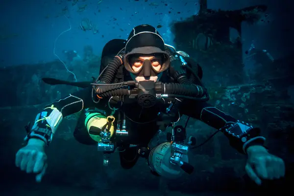 Underwater Portrait Technical Diver Using Rebreather Device Locate Shipwreck Lombok — Stock Photo, Image