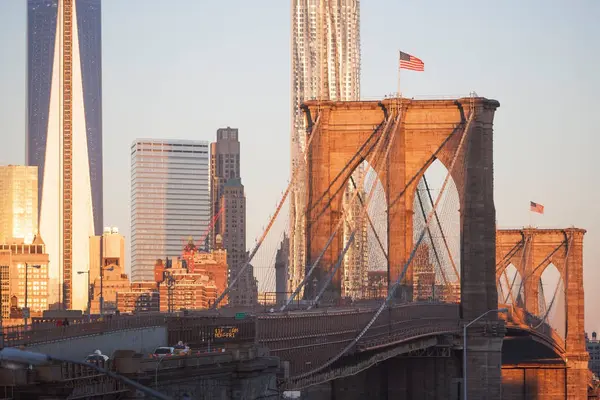 Pont New York Avec Drapeau Sur Dessus Horizon Coucher Soleil — Photo