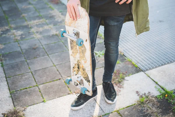 Waist View Young Male Urban Skateboarder Standing Sidewalk — Stock Photo, Image