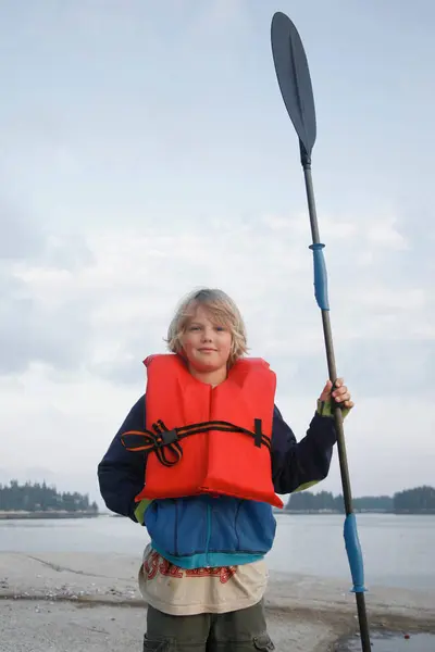 Boy Life Vest Kayak Paddle — Stock Photo, Image