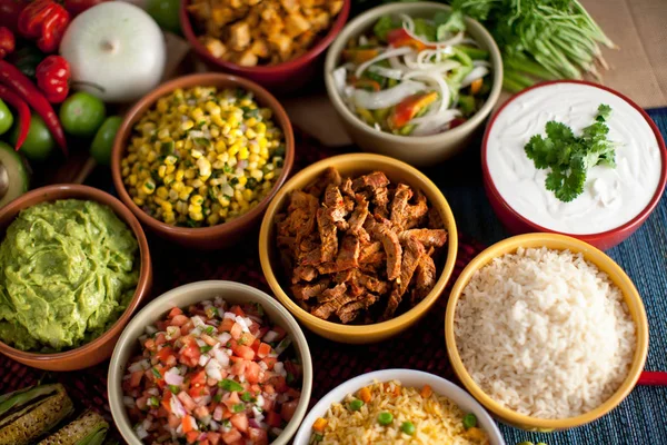 Bowls Ingredients Sauces Served Table — Stock Photo, Image