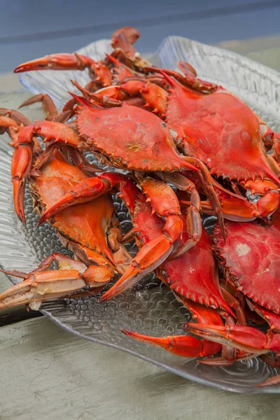 Cooked crabs on glass tray — Stock Photo, Image