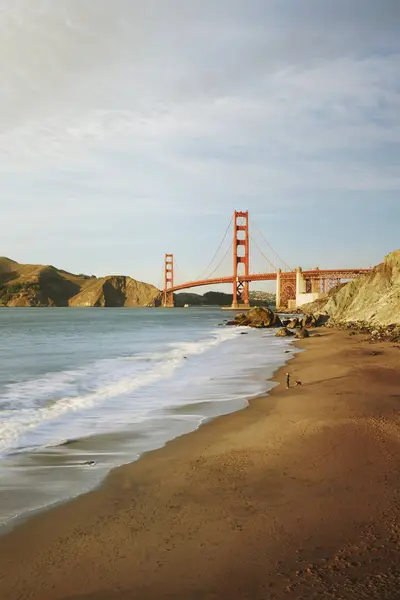Scenic View Golden Gate Bridge Dusk Person Dog Marshall Beach — Stock Photo, Image