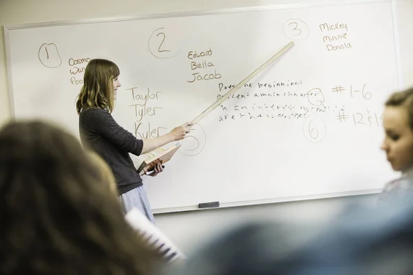 Guru Perempuan Menunjuk Papan Tulis Dalam Pelajaran Sma — Stok Foto