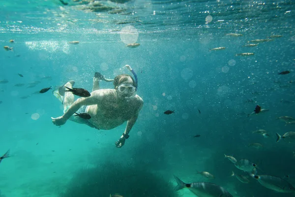 Underwater View Mature Man Snorkeling Menorca Balearic Islands Spain — Stock Photo, Image