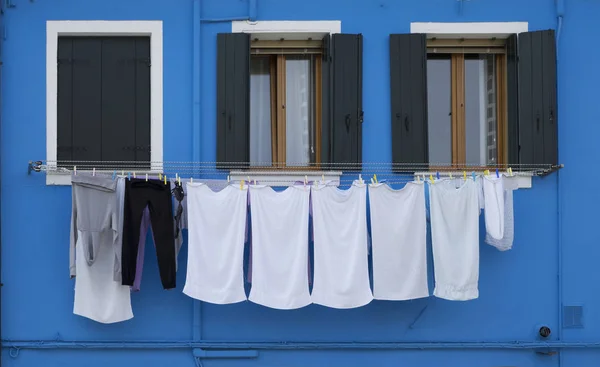 Close Laundry Blue Painted House Burano Venice Veneto Italy — Stock Photo, Image