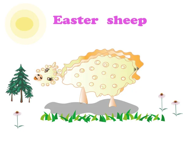 Yellow Easter Sheep White Background Nature Illustrations Flowers Trees Sun — Stock Vector