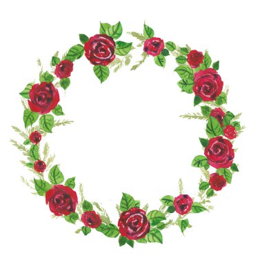 Kırmızı gül sulu boya resimde çelenk