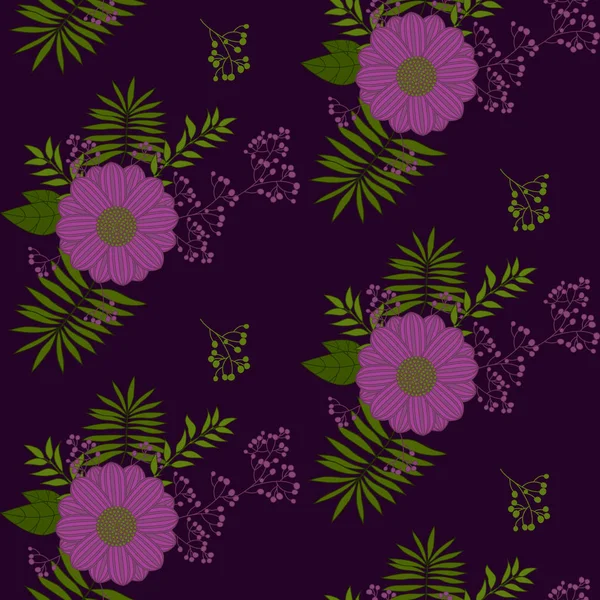 Безшовний візерунок фіолетових квітів і листя Векторні ілюстрації — стоковий вектор