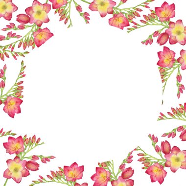 Bir kırmızı Frezya, buket, şube tomurcukları ile suluboya çizimi.