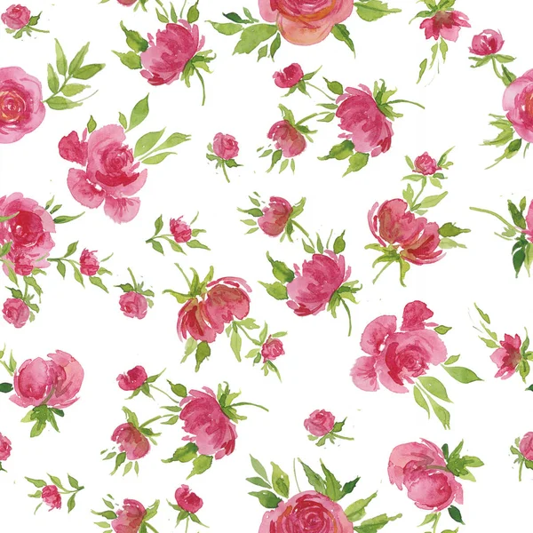 Aquarell-Illustration, Muster roter Rosen und Blätter, für Postkarten, Glückwünsche, Einladungen. — Stockfoto