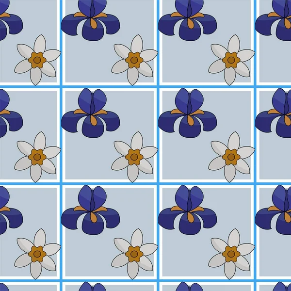 Illustrazione vettoriale modello senza soluzione di continuità, fiori bouquet iridi blu e narcisi, per tessuti, tessuto, carta da parati — Vettoriale Stock