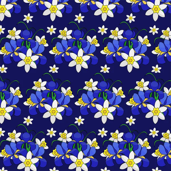 Vzor bezešvé vektorové ilustrace, květiny kytice modré kosatce a narcisy na tmavě modrém pozadí, textilie, tkaniny, balicí papír, tapety — Stockový vektor