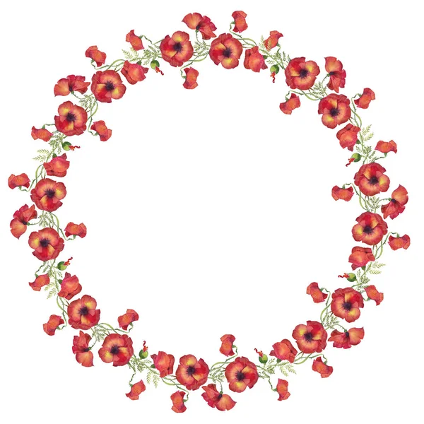 Illustrazione ad acquerello, un cerchio di ghirlanda di papaveri rossi, un mazzo di fiori, gemme e foglie — Foto Stock