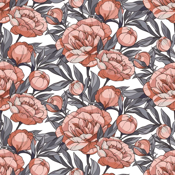 Seamless floral vector pattern with peonies. Orange flowers and buds with grey leaves on a white background. — Stock Vector