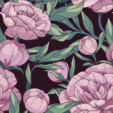 Pembe şakayıklı kusursuz çiçek vektör deseni. Koyu arkaplanda yeşil yapraklı çiçek ve tomurcuklar.