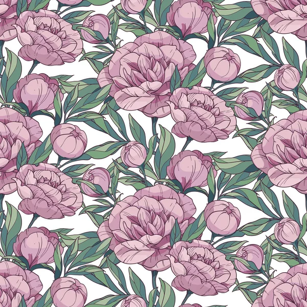 Бесшовный цветочный векторный рисунок с розовыми пионами. цветы и почки с зелеными листьями на белом фоне . — стоковый вектор