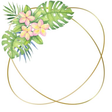 Tropikal çiçek ve yapraklı altın yuvarlak çerçeve. Davetiyeler için suluboya illüstrasyon, tatil kartları