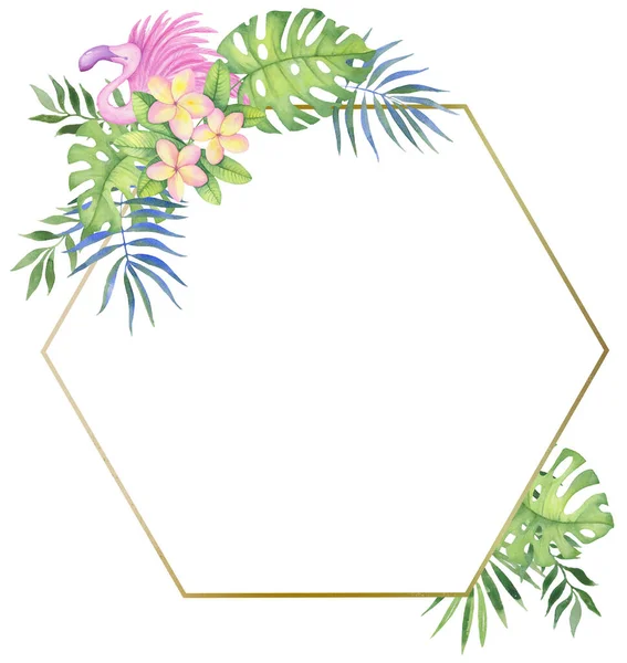 Golden frame with tropical flowers and leaves. Watercolor illustration for invitations, holiday cards, design.