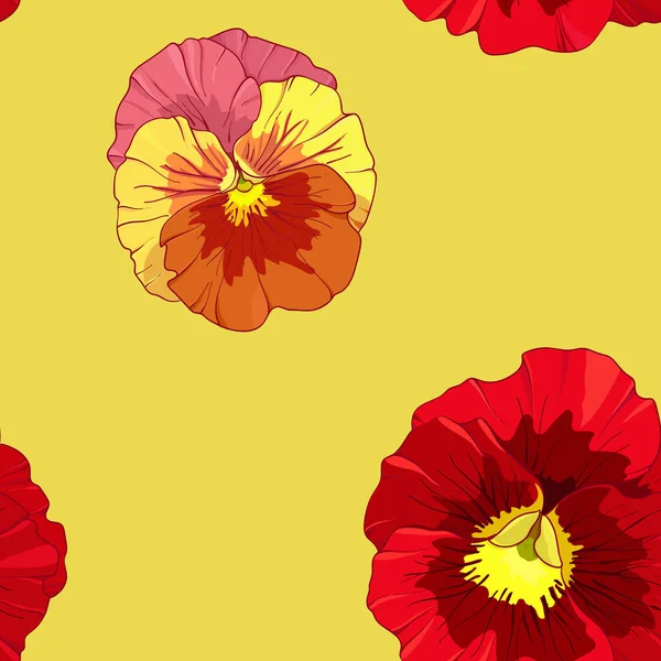 Яркие красные и оранжевые цветки панзи на желтом фоне. Бесшовный векторный рисунок. Ручная иллюстрация . — стоковый вектор