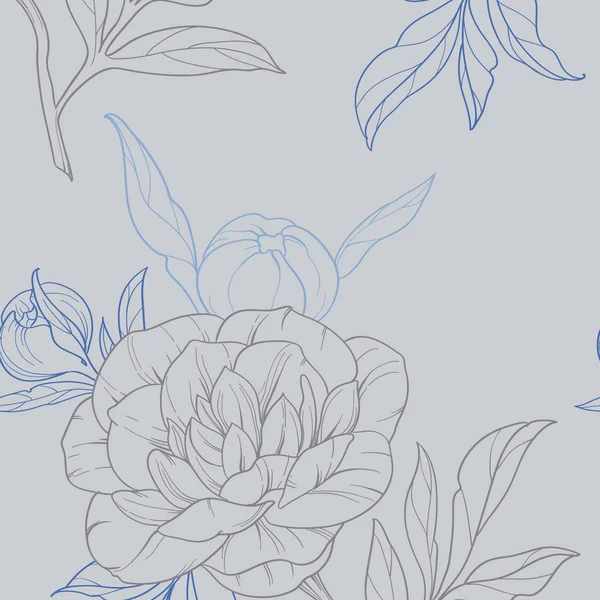 Blaue Pfingstrosen Silhouette, nahtloses Vektormuster. Blumen auf grauem Hintergrund. Winter russischen Stil, gzhel — Stockvektor