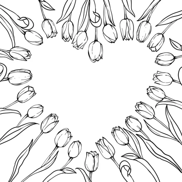 Flores tulipas preto e branco, moldura do coração, ilustração vetorial Elementos florais desenhados à mão. Tulipas de cartão de presente para o Dia dos Namorados —  Vetores de Stock