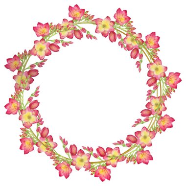 Yeşil yapraklı çelenk ve altın yuvarlak çerçeveli kırmızı frezya çiçeği. Suluboya çiçek çizimi