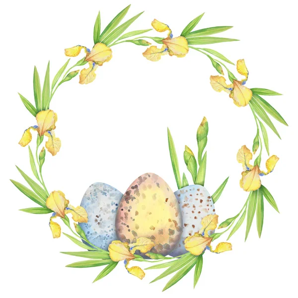 부활절 은황 색 꽃 과 계란으로 화환을 장식하며, 물색 을묘사 한다. 원 모양의 경계입니다. 손으로 천, 장식, 벽지, 포장지에 인쇄하는 모습 — 스톡 사진