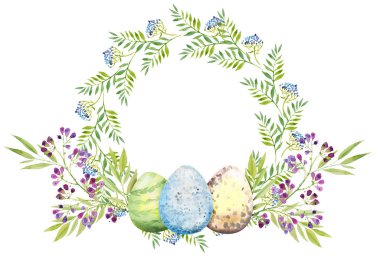 Menekşe çiçekli, dallı, yapraklı ve yumurtalı Paskalya çelengi. Çiçek buketi, suluboya resim.