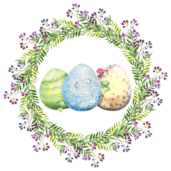 Pasen bloemenkrans met violette bloemen, takken, bladeren en eieren. Boeket bloemen, aquarel illustratie. — Stockfoto
