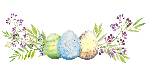 Paasbloemsamenstelling met bloemen, takken, bladeren en eieren. Boeket bloemen, aquarel illustratie. — Stockfoto