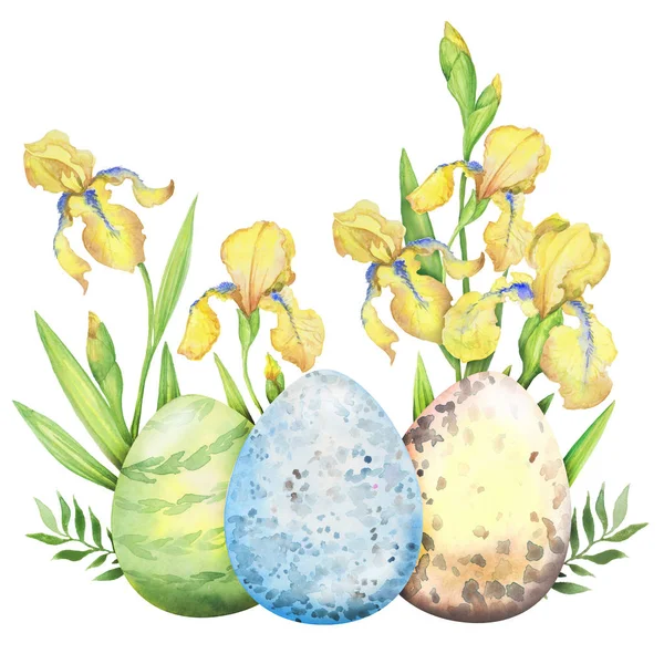 Paasbloemsamenstelling met gele irisbloemen, takken, bladeren en eieren. Boeket bloemen — Stockfoto