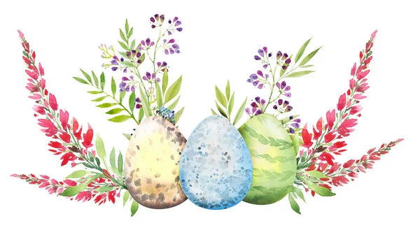 Paasbloemsamenstelling met rode en gele bloemen, takken, bladeren en eieren. Boeket bloemen, aquarel illustratie. — Stockfoto