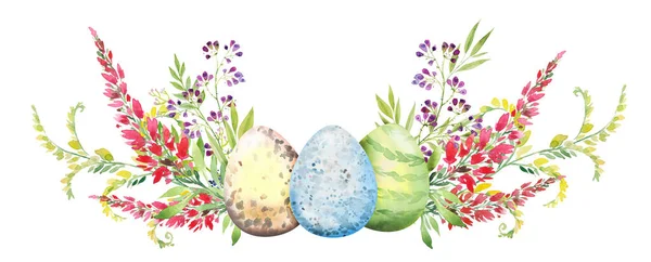 Wielkanoc kompozycja kwiatowa z czerwonymi i żółtymi kwiatami i jajkami. Bukiet kwiatów, akwarela Ilustracja — Zdjęcie stockowe