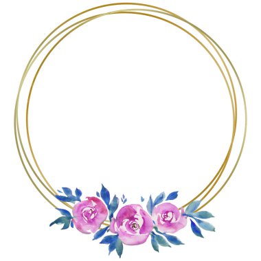 Pembe güllü altın yuvarlak çerçeve, çiçek deseni, düğün başlığı, suluboya resimli tebrik kartları.