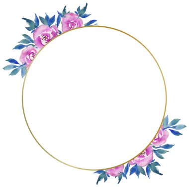 Pembe güllü altın yuvarlak çerçeve, çiçek deseni, düğün monogramı, suluboya çizimleri