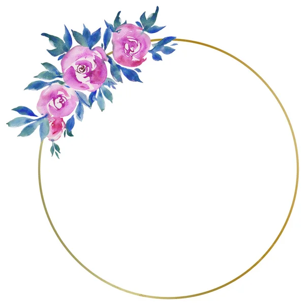 Золота Кругла Рамка Рожевими Трояндами Квітковий Дизайн Весільна Монограма Акварельні — стокове фото