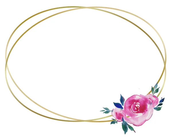 Golden Frame Pink Roses Floral Design Wedding Monogram Watercolor Illustrations — Stock Photo, Image