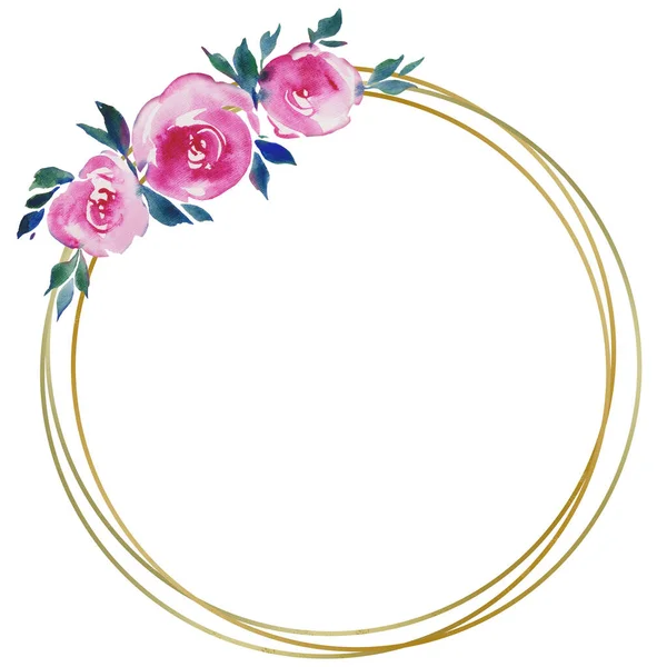 Goldener Runder Rahmen Mit Rosa Rosen Florales Design Hochzeitsmonogramm Aquarell — Stockfoto
