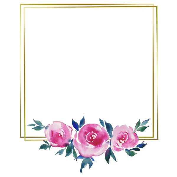 Золота Квадратна Рамка Рожевими Трояндами Квітковий Дизайн Весільна Монограма Акварельні — стокове фото